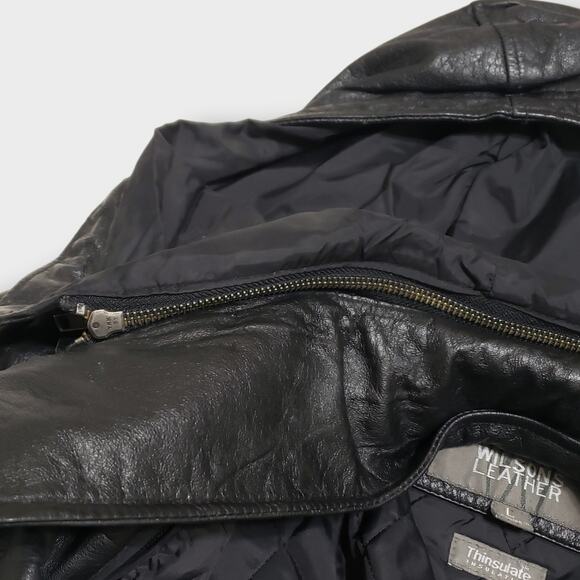 Vtg 80s Wilsons Leather Thinsulate Insulated Quilt Lined Hooded Coat Black Sz L - Picture 7 of 16